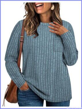 Plus Size Long Sleeve Striped Knit Tunic Top Pocket Loose Fit Casual Sweater